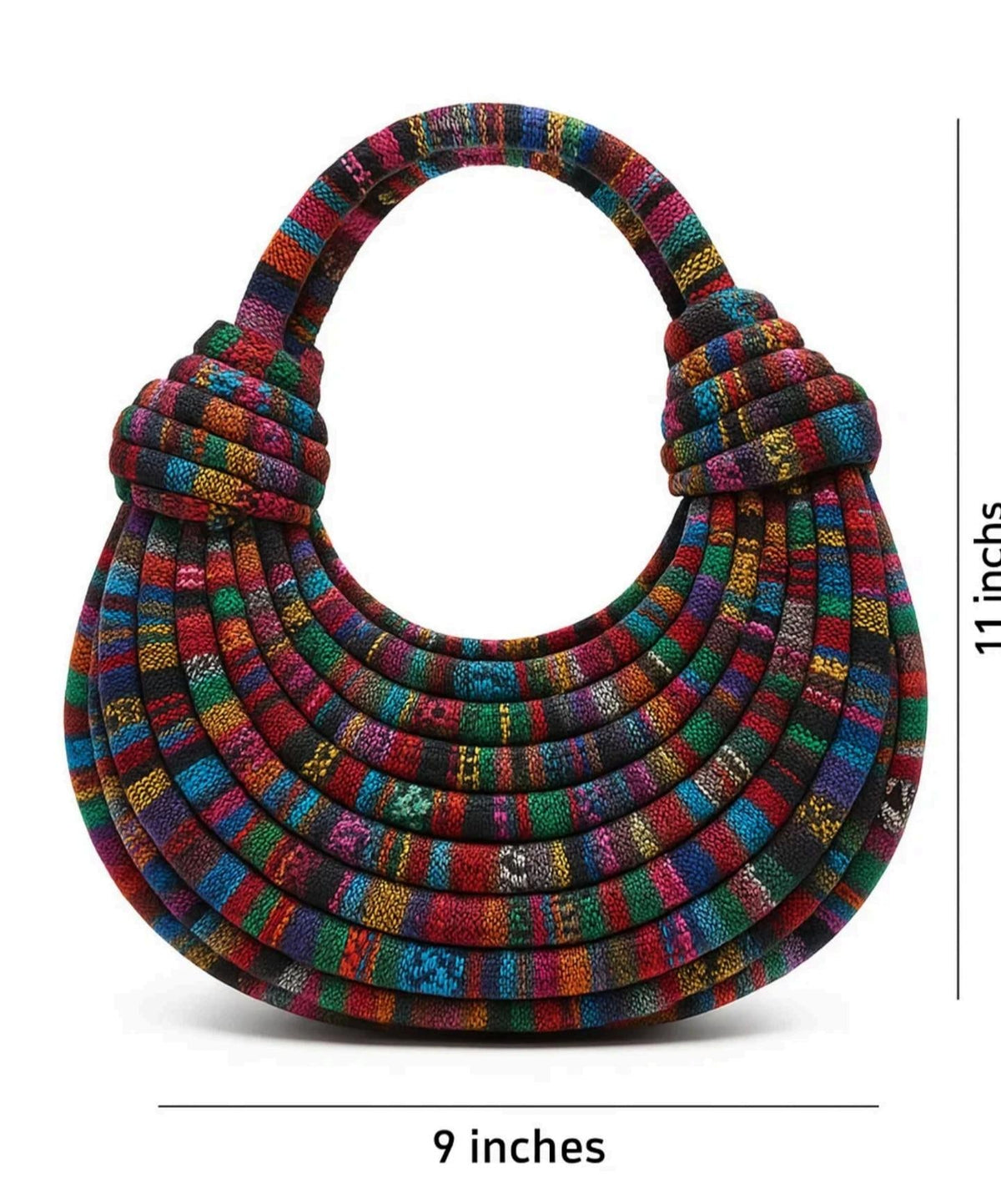 Coiled Rope Crescent Bag | Ethnic Stripe Textile Handle Purse (9x11 inches)
