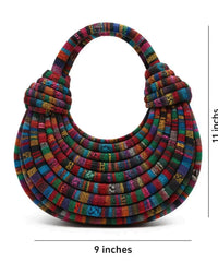 Coiled Rope Crescent Bag | Ethnic Stripe Textile Handle Purse (9x11 inches)