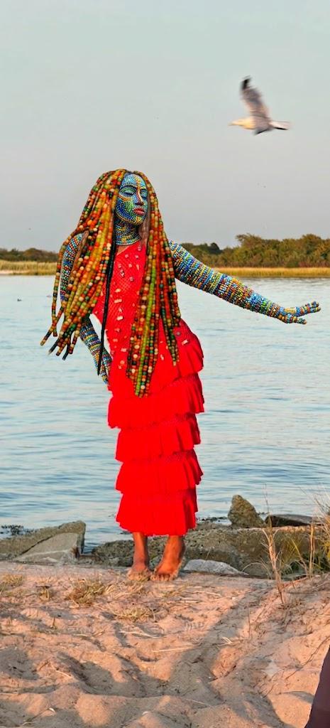 Handmade Red Crochet Midi Dress | Tiered Ruffle Skirt, Krobo Bead Embellished, Afrocentric Fashion
