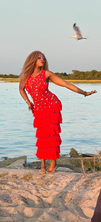 Handmade Red Crochet Midi Dress | Tiered Ruffle Skirt, Krobo Bead Embellished, Afrocentric Fashion