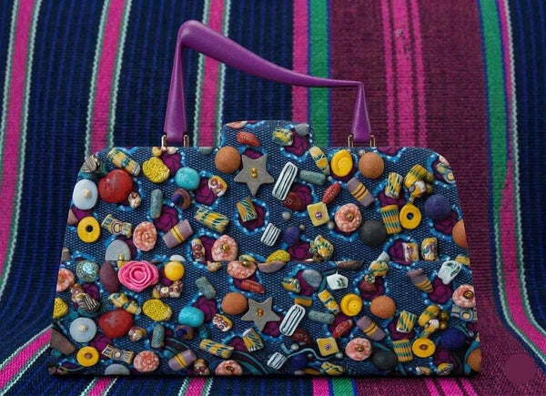 Ankara Bead Embellished Statement Bag | 3D Printed Purple Handle | Handmade in Ghana
