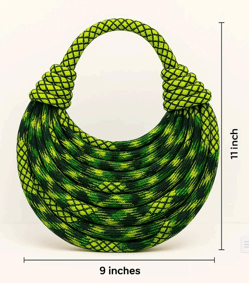 Coiled Rope Crescent Bag | Ethnic Stripe Textile Handle Purse (9x11 inches)
