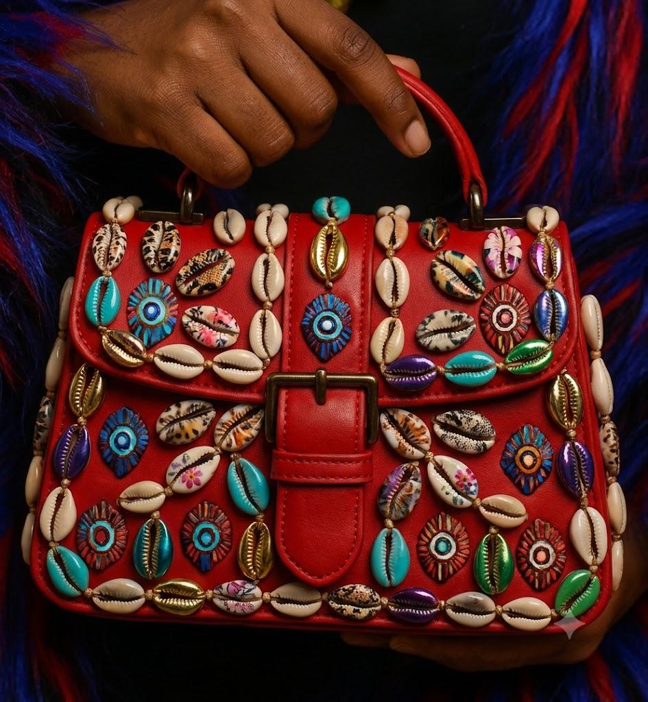 Red Faux Leather Satchel | Hand-Painted Cowrie Shell Embellished Afrocentric Bag