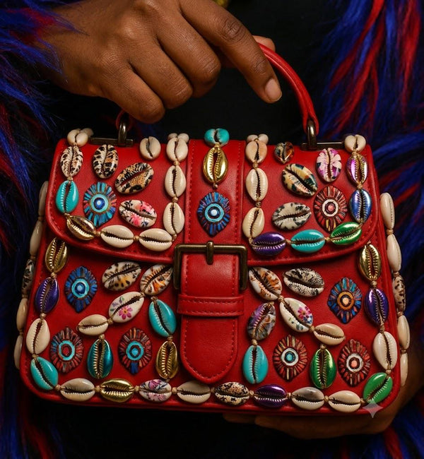 Red Faux Leather Satchel | Hand-Painted Cowrie Shell Embellished Afrocentric Bag