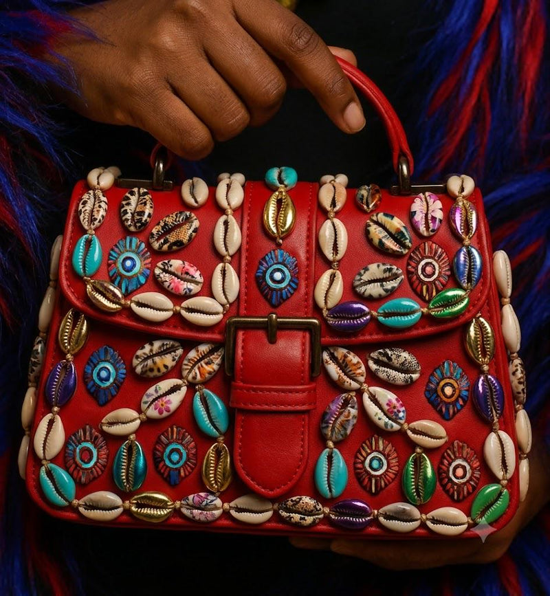 Red Faux Leather Satchel | Hand-Painted Cowrie Shell Embellished Afrocentric Bag