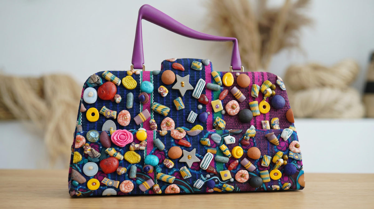 Ankara Bead Embellished Statement Bag | 3D Printed Purple Handle | Handmade in Ghana